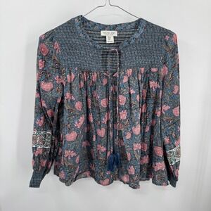 Rachel Zoe Shirt Womens Small Blue Pink Floral‎ Smocked Tassel Top Boho Peasant